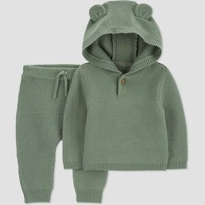 Carters Baby Boys Girls Green Knit Sweater Hoodie Pants Set 3m Bear Ears
